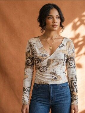 Vintage OJAY Long Sleeve V-neck Wrap Top Bold Abstract Print in shades of brown